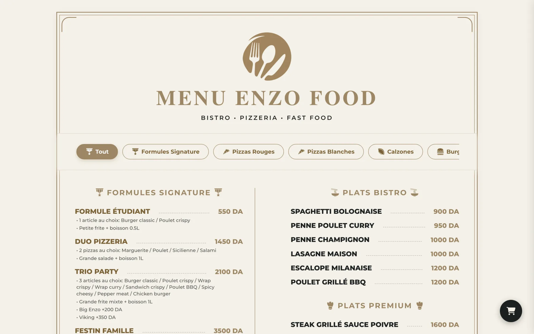 Enzo Food — Twelve menu categories on one fast page, from signature formulas to desserts, with an order cart.