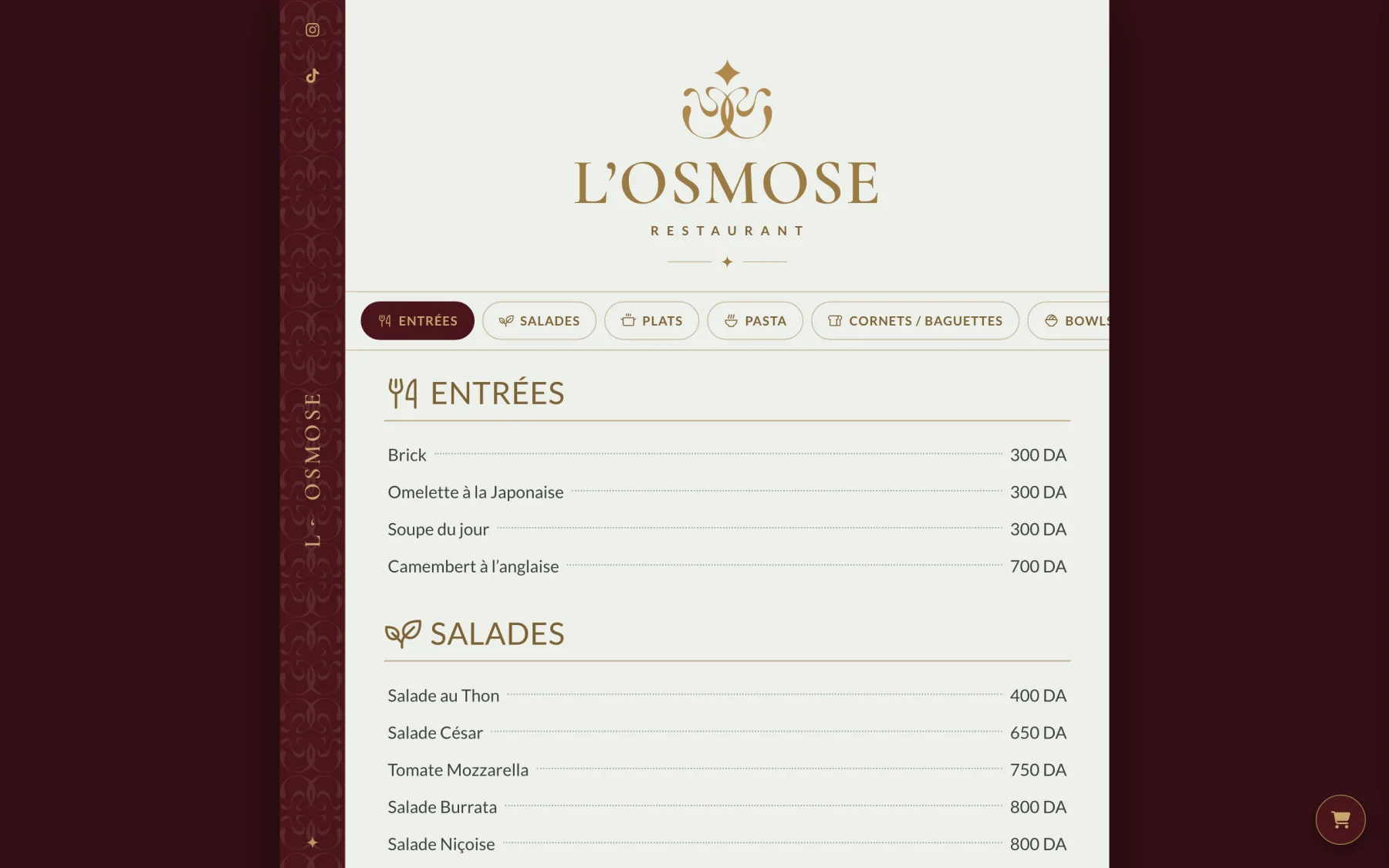 L'Osmose — A digital menu customers browse and order from on their phone, with delivery and opening hours built in.