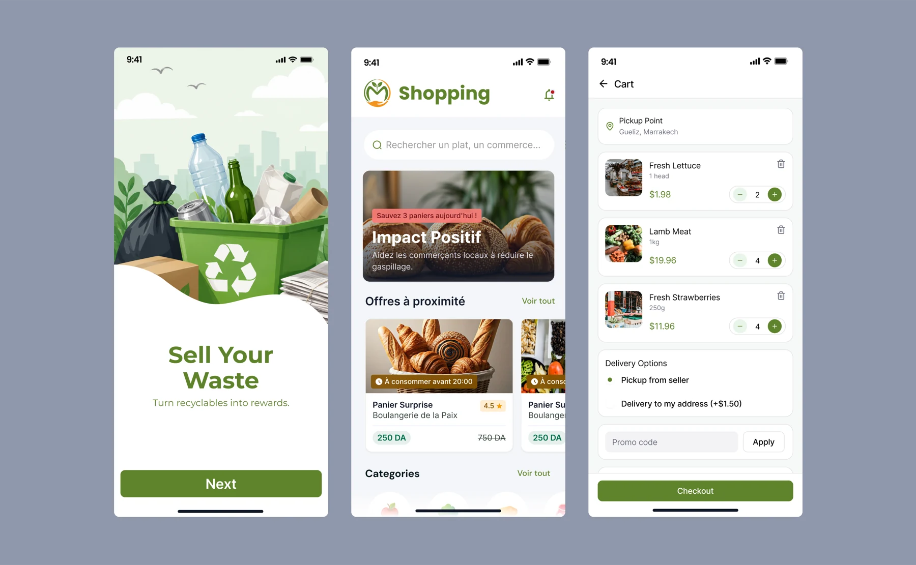 Meerah — A recycling app built around an anti-waste marketplace: sell your recyclables, find nearby centres, and join as a buyer, a seller of surplus food, or a courier.