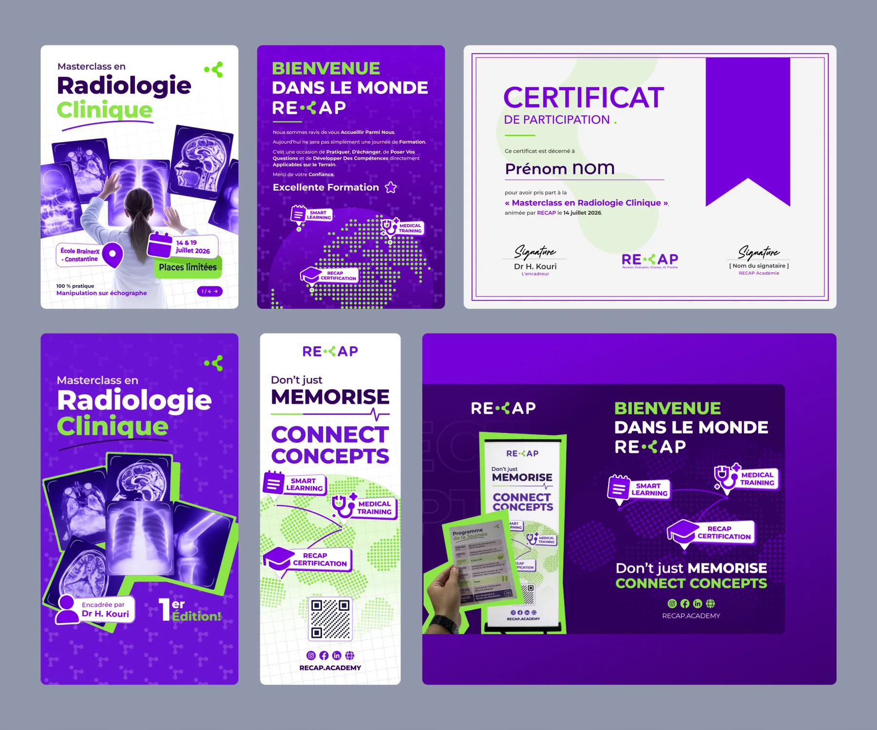 RECAP Academy — Campaign identity for a clinical radiology masterclass — announcement posts, stories, event screens and participant certificates.