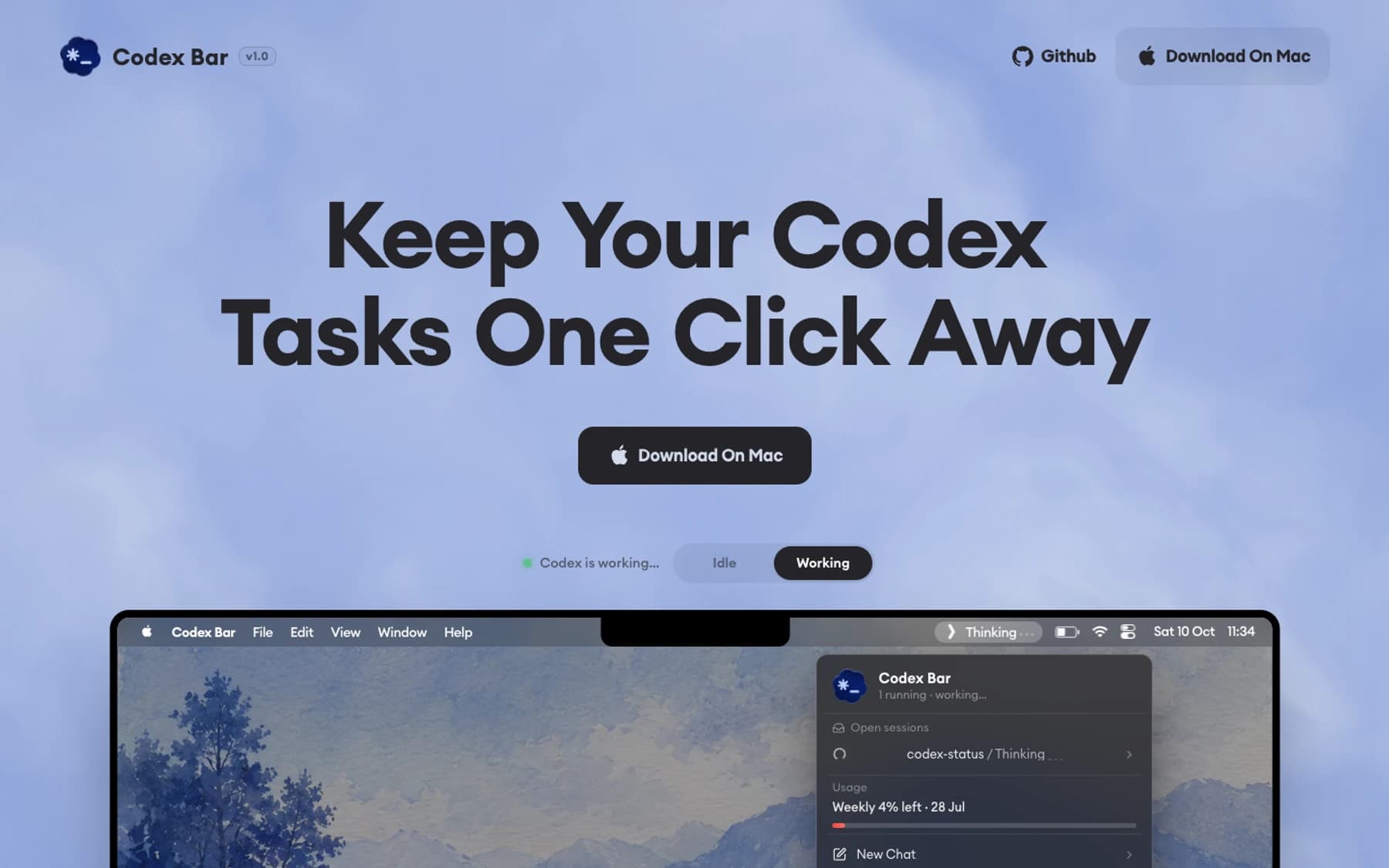 Codex Bar — A website for an open-source macOS menu-bar app that tracks live Codex tasks, opens the right conversation and sends completion or question alerts.