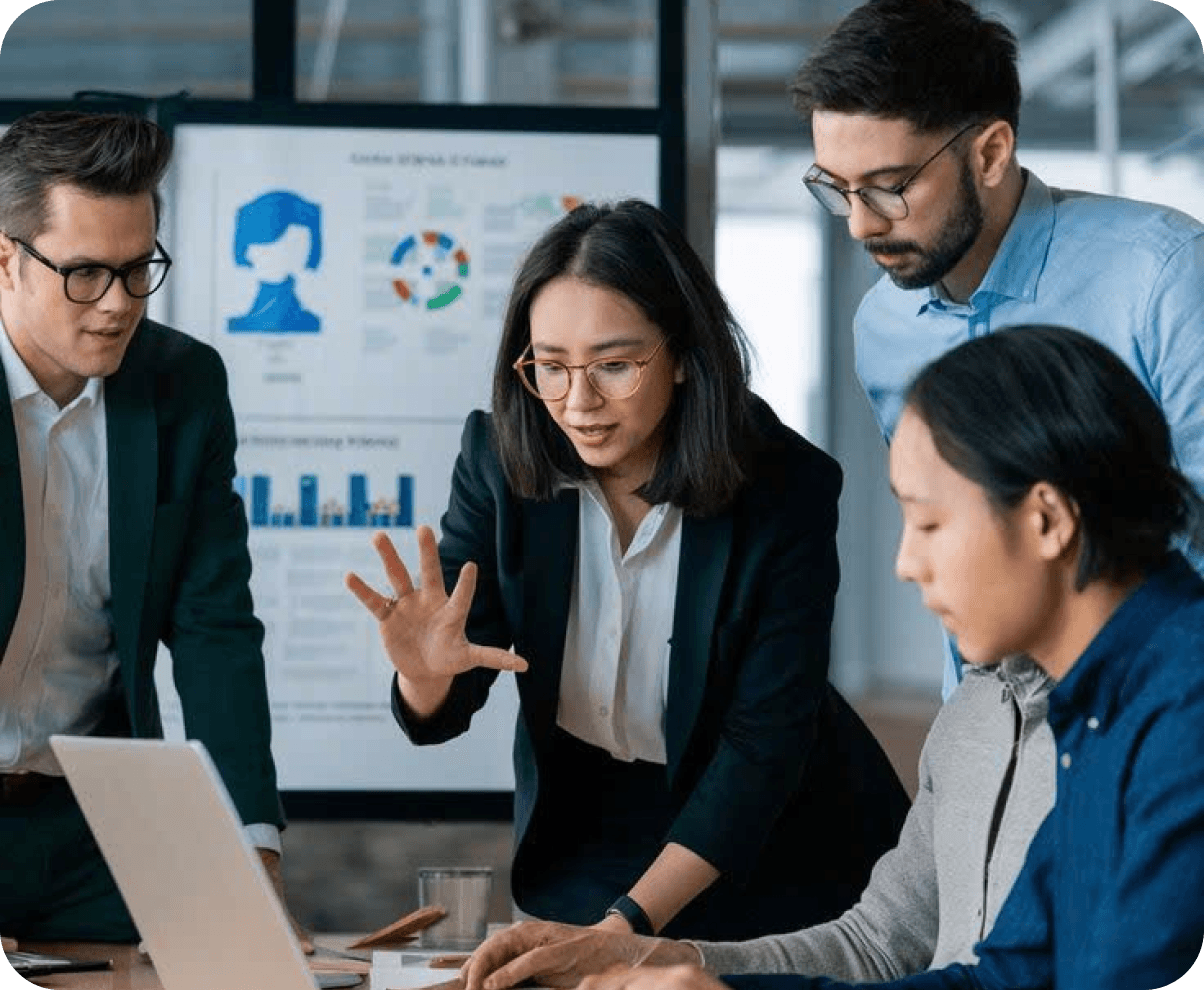 A team collaborating around a laptop in an office